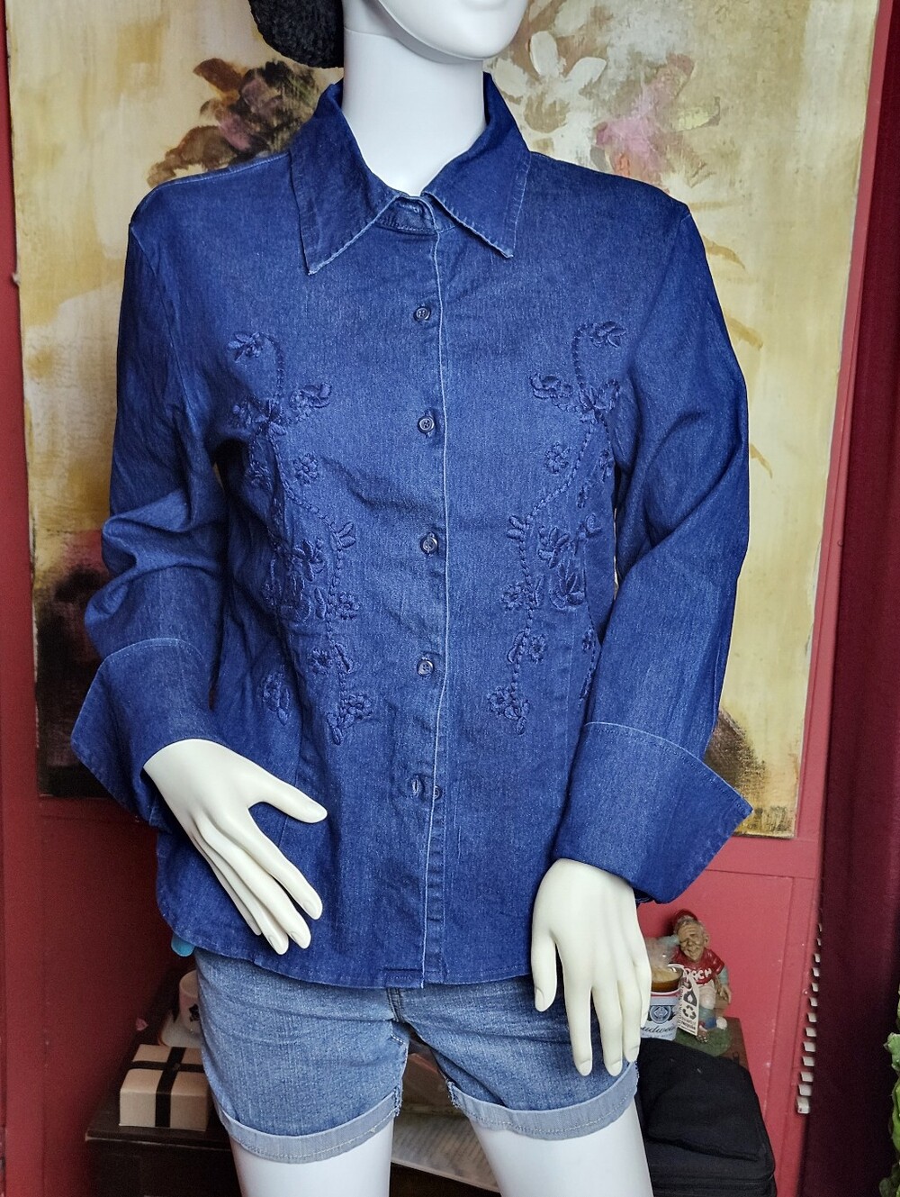 Faded Glory Denim Embroidered Button-Front Shirt - Blue